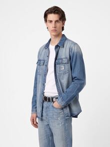 Manfinity Homme 1pc Men Casual Everyday Button-Up Washed Denim Shirt, Autumn - Dark Wash - View 3