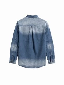 Manfinity Homme 1pc Men Casual Everyday Button-Up Washed Denim Shirt, Autumn - Dark Wash - View 6