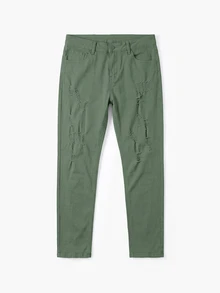 Manfinity Roughcore Men's Casual Solid Color Distressed Tapered Leg Jeans - Army Green - View 7