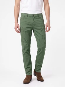 Manfinity Roughcore Men's Casual Solid Color Distressed Tapered Leg Jeans - Army Green - View 3