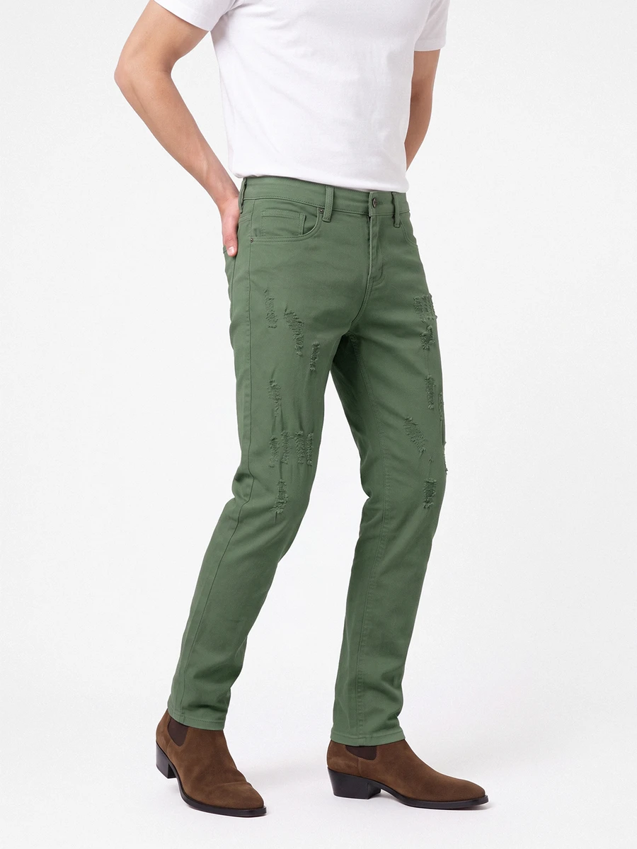 Manfinity Roughcore Men's Casual Solid Color Distressed Tapered Leg Jeans - Army Green - View 1