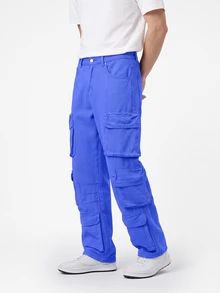 Manfinity Hypemode Men's Solid Color Pocket Minimalist Wide Leg Long Pants, Casual Everyday Wear - Royal Blue - View 4