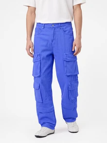 Manfinity Hypemode Men's Solid Color Pocket Minimalist Wide Leg Long Pants, Casual Everyday Wear - Royal Blue - View 3