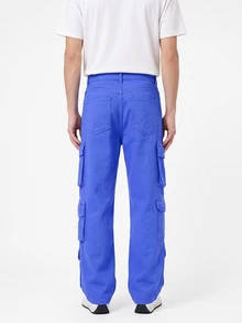 Manfinity Hypemode Men's Solid Color Pocket Minimalist Wide Leg Long Pants, Casual Everyday Wear - Royal Blue - View 2