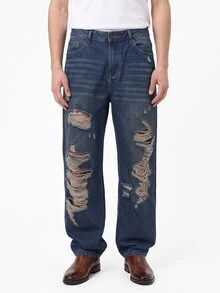 Manfinity EMRG Men's Casual Loose Fit Straight Leg Distressed Pockets Denim Jeans - Blue - View 1