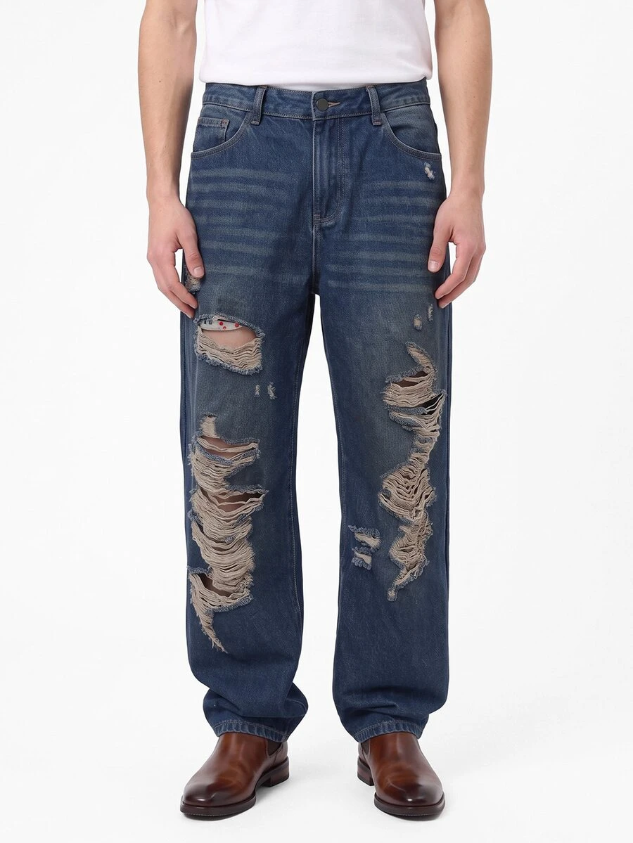 Manfinity EMRG Men's Casual Loose Fit Straight Leg Distressed Pockets Denim Jeans - Blue - View 1