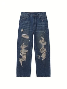 Manfinity EMRG Men's Casual Loose Fit Straight Leg Distressed Pockets Denim Jeans - Blue - View 4
