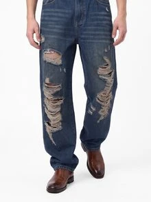 Manfinity EMRG Men's Casual Loose Fit Straight Leg Distressed Pockets Denim Jeans - Blue - View 3