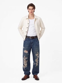 Manfinity EMRG Men's Casual Loose Fit Straight Leg Distressed Pockets Denim Jeans - Blue - View 6