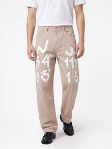 Manfinity EMRG Loose Fit Men's Cotton Letter Graphic Straight Leg Jeans - Khaki - View 7