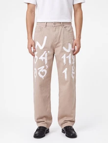 Manfinity EMRG Loose Fit Men's Cotton Letter Graphic Straight Leg Jeans - Khaki - View 5