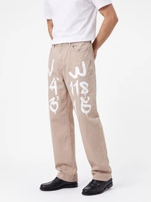 Manfinity EMRG Loose Fit Men's Cotton Letter Graphic Straight Leg Jeans - Khaki - View 1