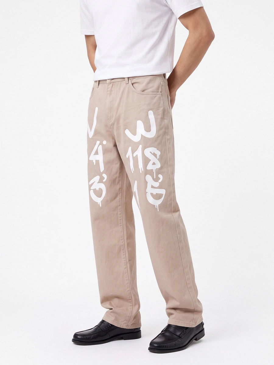 Manfinity EMRG Loose Fit Men's Cotton Letter Graphic Straight Leg Jeans - Khaki - View 1