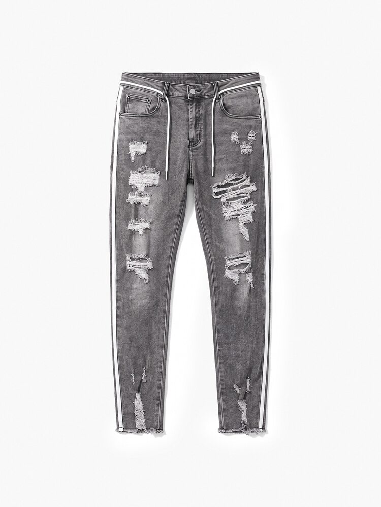 Manfinity Homme Men's Fashionable Denim Skinny Fit Casual Pants, Suitable For Summer - Light Grey - View 7