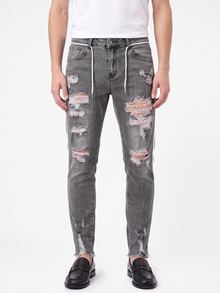 Manfinity Homme Men's Fashionable Denim Skinny Fit Casual Pants, Suitable For Summer - Light Grey - View 1