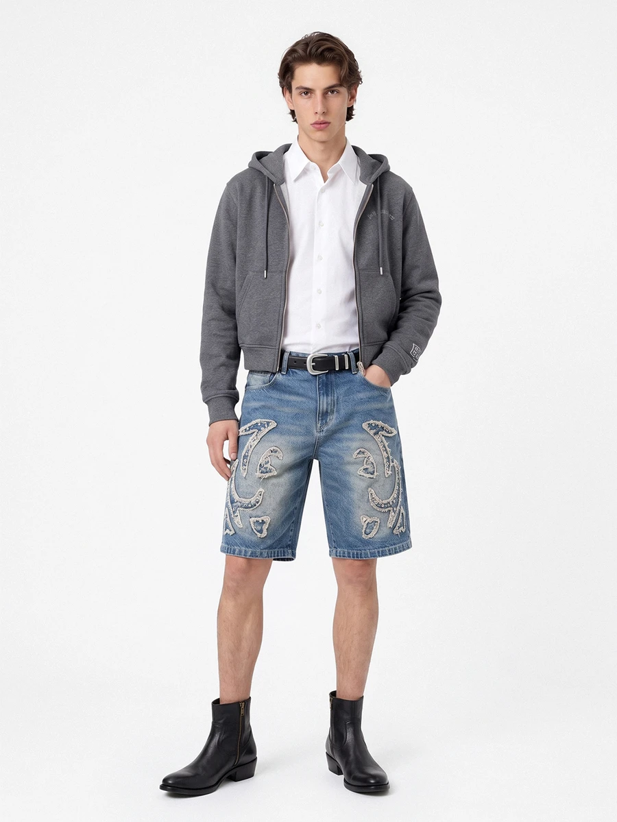 Manfinity Roughcore Men's Casual Washed Frayed Hem Slant Pocket Denim Shorts, Summer - Medium Wash - View 1