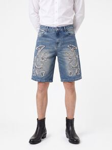 Manfinity Roughcore Men's Casual Washed Frayed Hem Slant Pocket Denim Shorts, Summer - Medium Wash - View 6