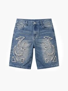 Manfinity Roughcore Men's Casual Washed Frayed Hem Slant Pocket Denim Shorts, Summer - Medium Wash - View 5
