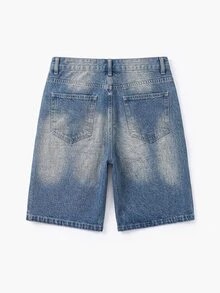 Manfinity Roughcore Men's Casual Washed Frayed Hem Slant Pocket Denim Shorts, Summer - Medium Wash - View 3