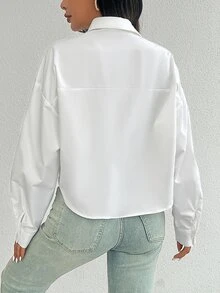 SHEIN 女士春夏纯色宽松落肩长袖短款休闲衬衫带口袋，长袖上衣 - 白色 - 查看 4