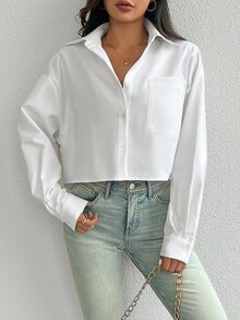 SHEIN 女士春夏纯色宽松落肩长袖短款休闲衬衫带口袋，长袖上衣 - 白色 - 查看 6