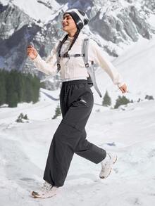 WanderVale Women's Casual Letter Print Drawstring Hiking Pants, Autumn, Warm Pants, - Black - View 5