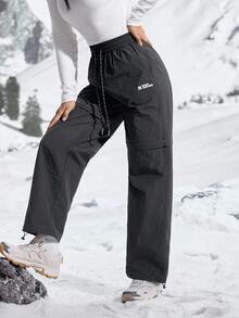 WanderVale Women's Casual Letter Print Drawstring Hiking Pants, Autumn, Warm Pants, - Black - View 10