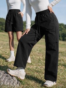 WanderVale Women's Casual Letter Print Drawstring Hiking Pants, Autumn, Warm Pants, - Black - View 4