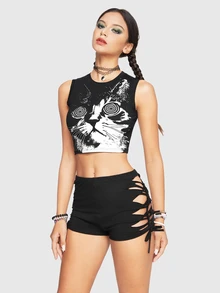 ROMWE Avant Cat Swirl Tank Top - Black - View 4