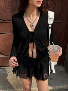 MainGRL 2026新款薄款前綁帶上衣，可愛性感優雅甜美，適合派對、春季出遊、休閒通勤、日常穿著與度假穿搭 - 黑色 - 查看 5