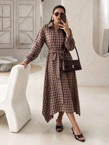 Rue Lumi Women's Waist Tie Plaid Midi Dress - Coffee Brown - View 3