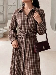 Rue Lumi Women's Waist Tie Plaid Midi Dress - Coffee Brown - View 1
