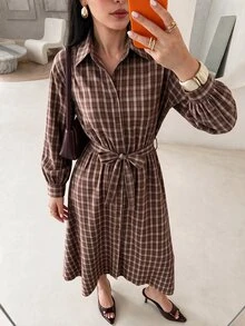 Rue Lumi Women's Waist Tie Plaid Midi Dress - Coffee Brown - View 4