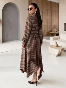 Rue Lumi Women's Waist Tie Plaid Midi Dress - Coffee Brown - View 2