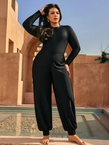 SHEIN Swim 大尺碼女款純色寬鬆抽繩長褲，布基尼下裝，海灘派對夏季柔軟修身黑色保守飄逸款 - 黑色 - 查看 7