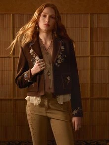 MOTF STUDIO WOOL LAPEL EMBROIDERED DECOR SINGLE-SIDED OVERCOAT - Coffee Brown - View 5