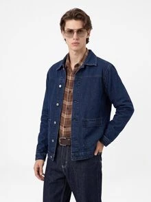 Manfinity Homme Casual Dark Washed Blue Loose Fit Denim Jacket With Large Pockets, Spring/Summer - Dark Wash - View 5