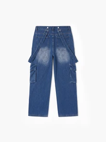 Manfinity Homme Men's Streetwear Cargo Denim Bib Overalls - Medium Wash - View 3