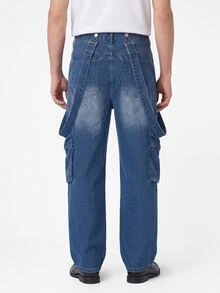 Manfinity Homme Men's Streetwear Cargo Denim Bib Overalls - Medium Wash - View 2