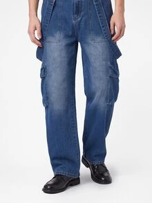 Manfinity Homme Men's Streetwear Cargo Denim Bib Overalls - Medium Wash - View 6