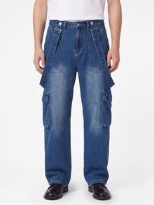 Manfinity Homme Men's Streetwear Cargo Denim Bib Overalls - Medium Wash - View 7