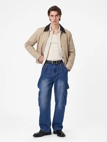 Manfinity Homme Men's Streetwear Cargo Denim Bib Overalls - Medium Wash - View 5