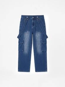 Manfinity Homme Men's Streetwear Cargo Denim Bib Overalls - Medium Wash - View 4