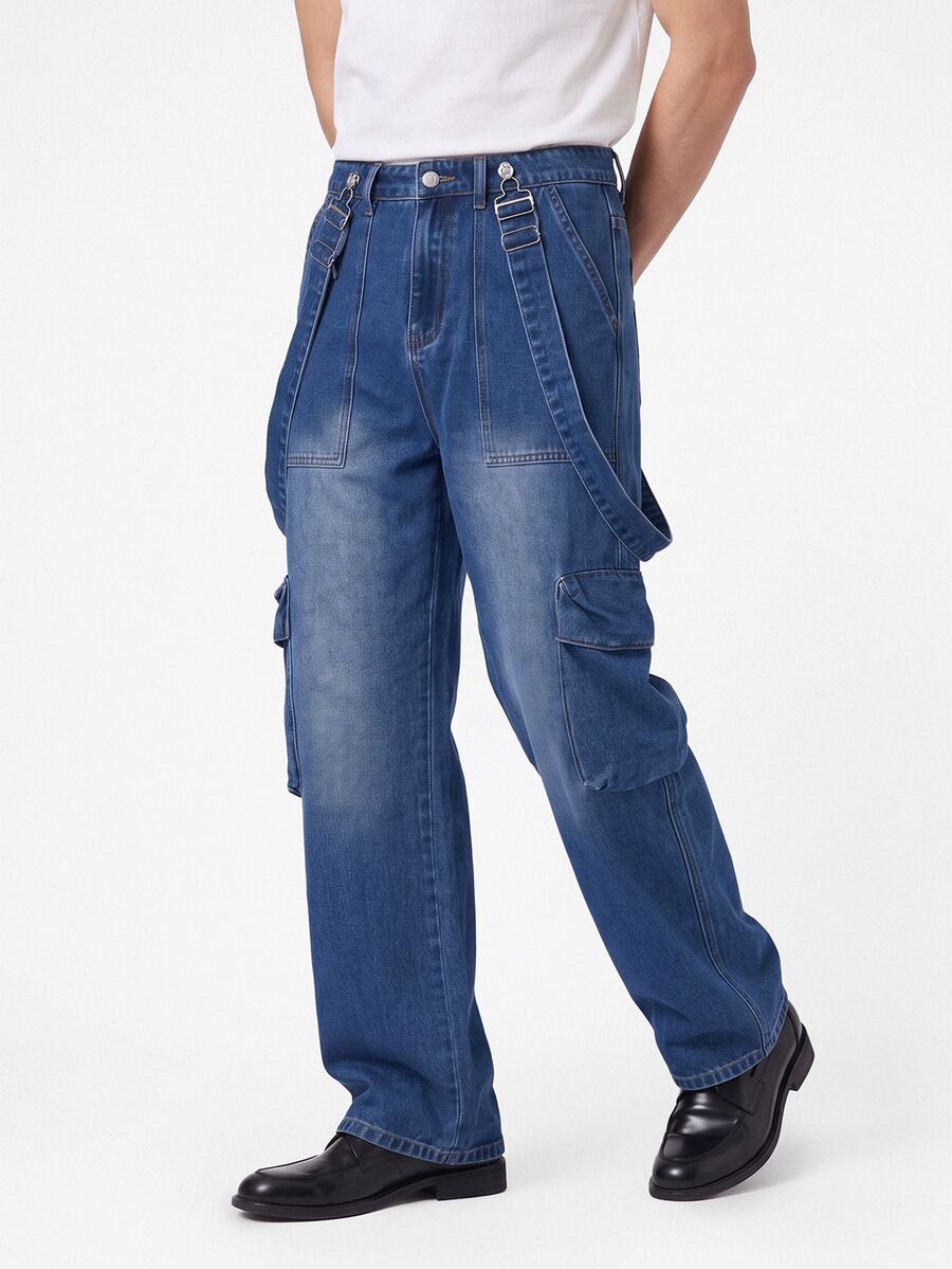 Manfinity Homme Men's Streetwear Cargo Denim Bib Overalls - Medium Wash - View 1