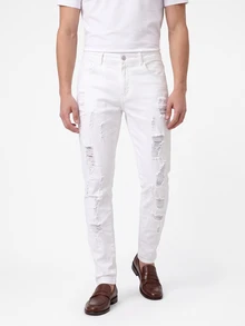 Manfinity Homme Men's Skinny Fit Jeans With Zipper Ankle Boyfriend & Husband Stretch Ripped White For Slim Fit Street - White - View 5