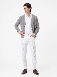 Manfinity Homme Men's Skinny Fit Jeans With Zipper Ankle Boyfriend & Husband Stretch Ripped White For Slim Fit Street - White - View 3
