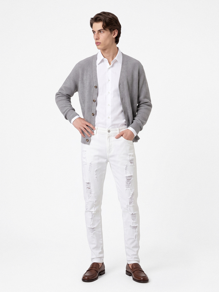 Manfinity Homme Jeans ajustados con cremallera en el tobillo y rotos para hombre - Blanco - Añade 3