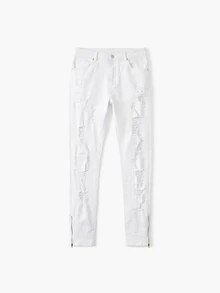 Manfinity Homme Men's Skinny Fit Jeans With Zipper Ankle Boyfriend & Husband Stretch Ripped White For Slim Fit Street - White - View 6