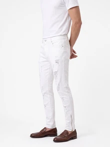 Manfinity Homme Men's Skinny Fit Jeans With Zipper Ankle Boyfriend & Husband Stretch Ripped White For Slim Fit Street - White - View 4