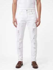 Manfinity Homme Men's Skinny Fit Jeans With Zipper Ankle Boyfriend & Husband Stretch Ripped White For Slim Fit Street - White - View 1